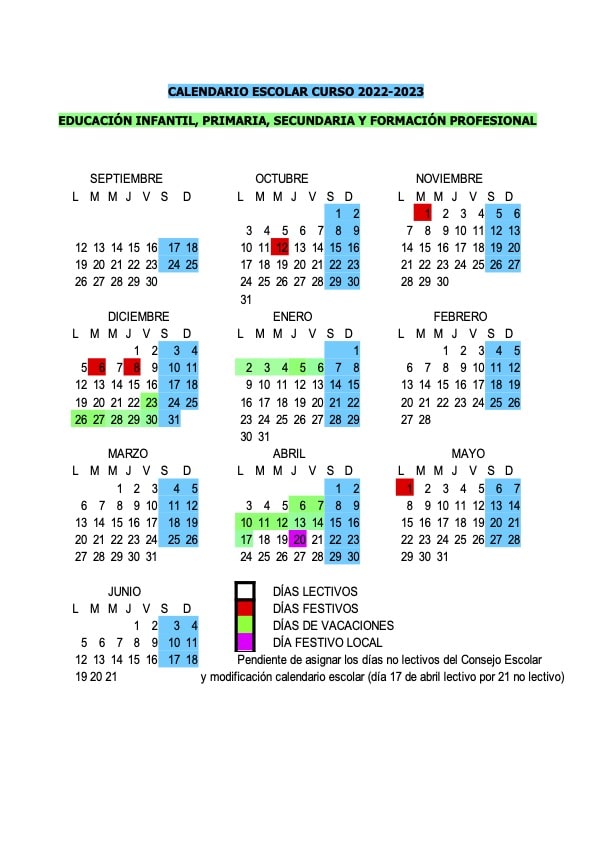 Calendario Escolar Infantil Primaria