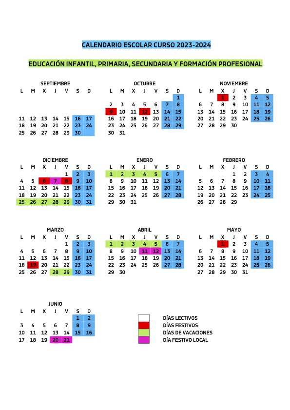 Calendario Escolar Infantil Primaria